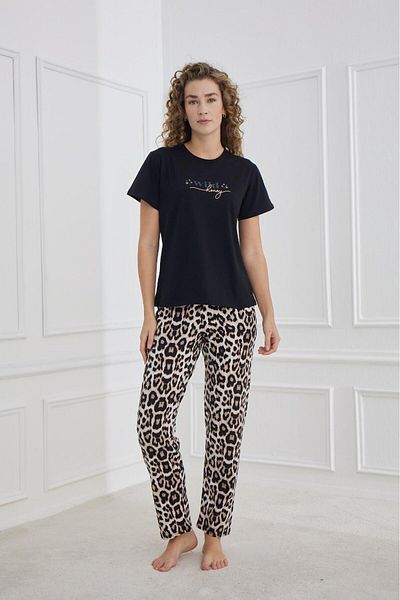 Elit Set de pijamale din bumbac pieptănat, compact, cu mânecă scurtă, cu textura moale, negru-leopard