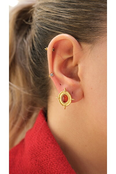 Jerie Gold Vintage Görünüm Renkli Taş Detay Çelik Küpe