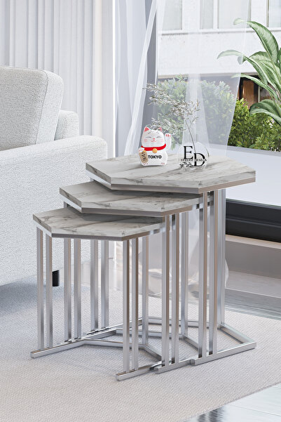 ED Efelez Design Zigon Sehpa , Tokyo 3'lü Zigon Takımı , Gümüş Metal - Beyaz ...