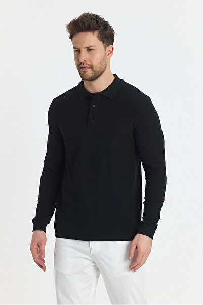Frappoli Blum Men's Black Polo-Neck Sweatshirt - 100% Cotton, Waffle Print, Non-Curling Collar, Long Sleeve