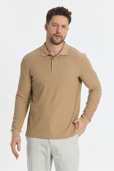 Frappoli Blum Ανδρικό μπεζ Slim Fit - 100% βαμβακερό Lycra μακρυμάνικο πόλο φούτερ με γιακά