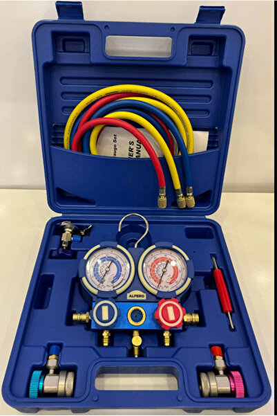 ALFERO 2'li Manifold Seti (ÇANTALI) - Otomotiv Için 1.5m Hortumlu R134 A R22 R404 A R410 A Gaz