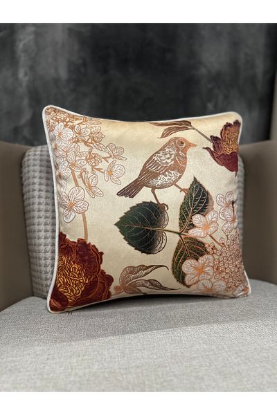 Fabricland Husă de pernă din catifea de mătase importată cu model de păsări crem 43x43cm (MOLAN DUBLĂ)
