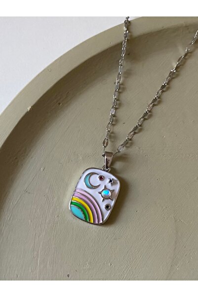 Petek Collection Colorful Enamel, Stainless Steel, Silver Color Tarot Necklace