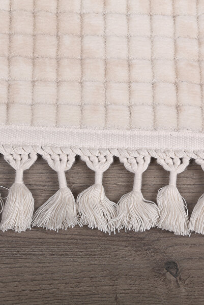 Teksev Square Plus Cream Color Pompom Fringed Cutting Runner Non-Slip Based Machine Washable Tasseled Carpet