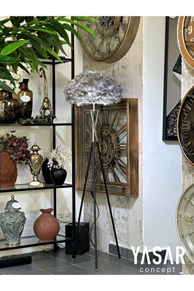 Ornamenti Design Tüylü Lambader, Kuş Tüylü Lambader, Tripod Metal Ayaklı Kuş Tüyü Lambader