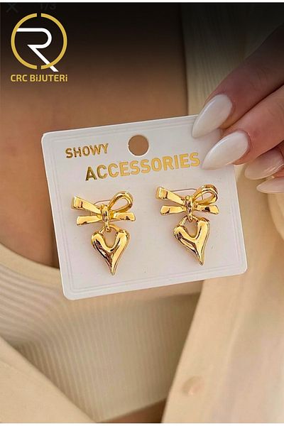 Crc Bijuteri Heart Dangle Gold Bow Earrings