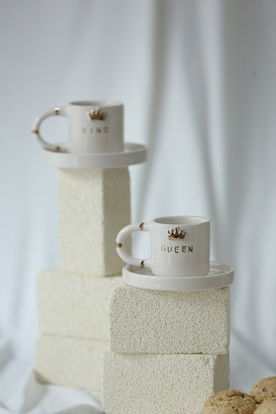 MERVEOKTAYSERAMİK 2'li El Yapımı King Queen Yazılı Seramik Türk Kahvesi Fincanı