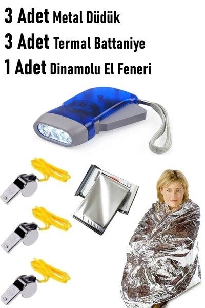 GÜZELYÜZ AVM Doğal Afet Deprem Seti | 1 Adet Dinamolu El Feneri | 3 Adet Meta...