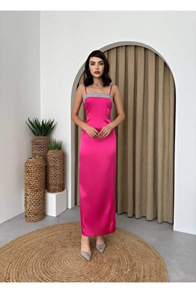 Julidress Askılı Taşlı Straplez Yaka Yırtmaçlı Premium Fuşya Saten Abiye Elbise