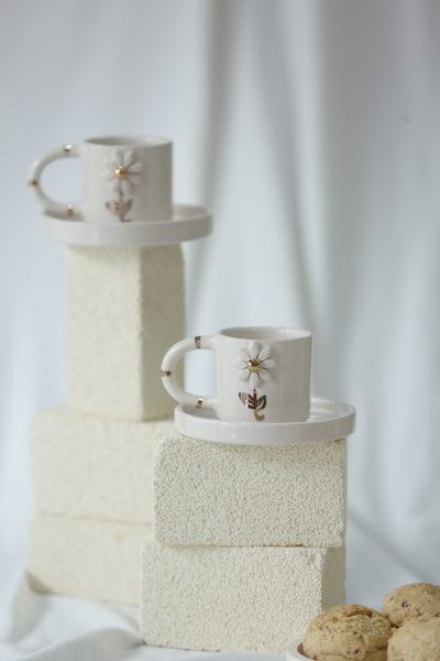 MERVEOKTAYSERAMİK 2'li El Yapımı Papatyalı Seramik Türk Kahvesi Fincanı