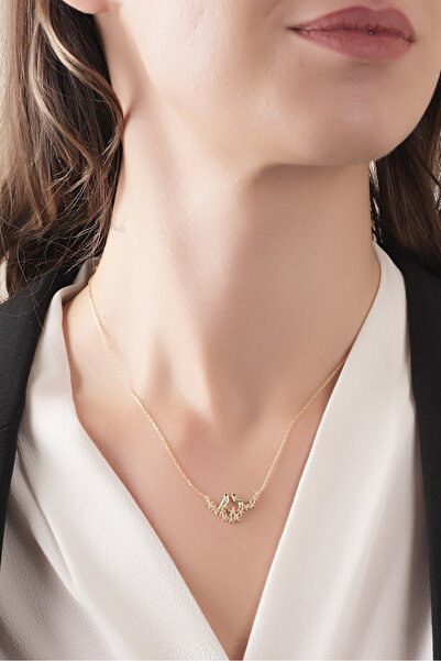 SUNSHINE 925 Ayar Gümüş, Gold Kaplamalı, Zirkon Taşlı, Daldaki Çift Kuşlar Kolye