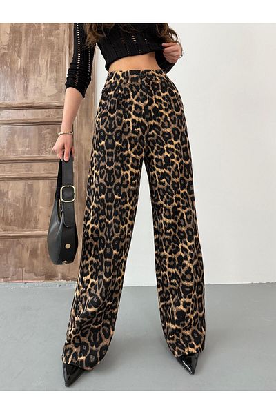 BİKELİFE Damen-Lila-Palazzo-Hose mit weitem Bein aus Lycra-Stoff mit Leopardenmuster