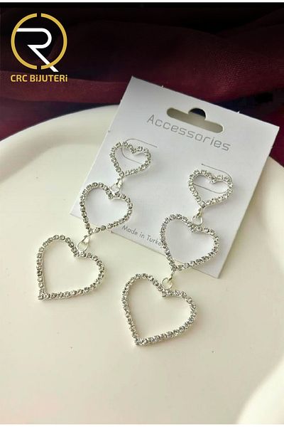 Crc Bijuteri Waterway 3-Piece Pendant Zircon Stone Heart Earrings