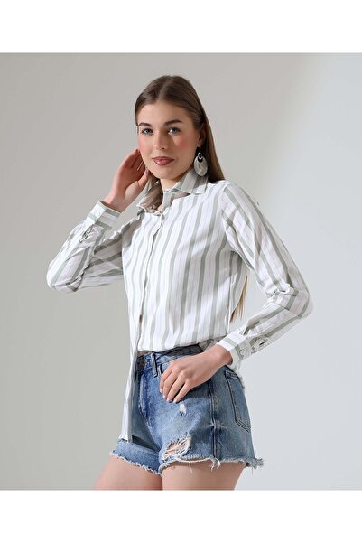 Moda Monisa Women's Stripe Shirt - White & Stripe Pattern, Woven Fabric, Comf...