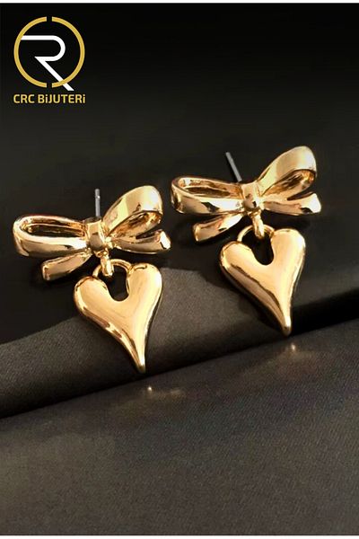 Crc Bijuteri Heart Dangle Gold Bow Earrings
