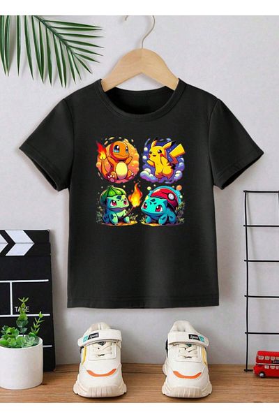OTNICKA Tricou negru cu imprimeu POKEMON pentru copii cu design special