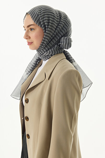 FENZA SCARF %40 İpek &60 Yün Ekose Desenli Şal - Gri