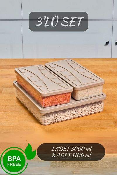 SUPERPUP Set of 3 Beige Freezer Box - Storage Box, Silicone Lid (2 Pcs 1.1 Lt) + (1 Pcs 3 Lt)