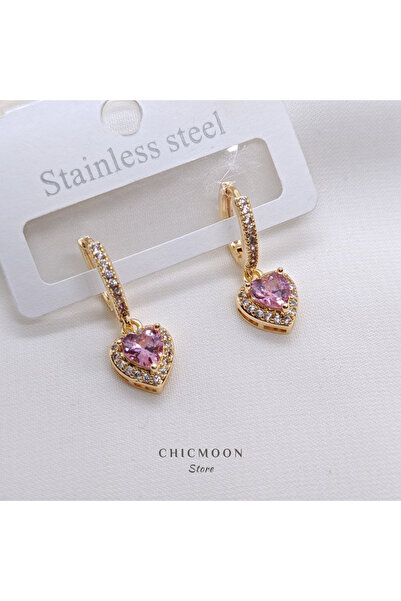CHICMOON STORE أقراط على شكل قلب من الحجر الوردي الصغير باللون الذهبي