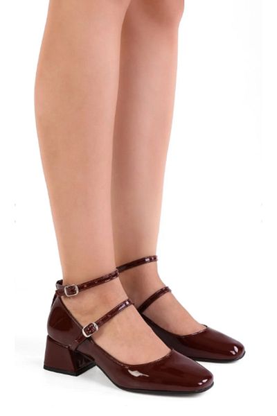 Afilli Women's Burgundy Patent Leather Blunt Toe Short Thick Heeled Ankle Lace-Up Casual Stiletto Heeled Shoes