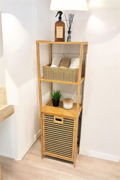OLİVYA Bambu Kirli Sepetli 3 Raflı Çok Amaçlı Banyo Düzenleyici Çamaşır Sepeti Organizer