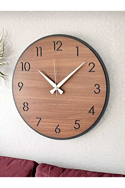 EYKA STORE Walnut - Black Detailed Wooden Wall Clock 45 cm