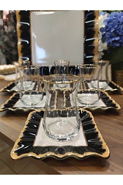 P&ORA PREMIUM KITCHEN PRODUCTS P&Ora New Square Black Plate Tee Set with 13 Pieces Tray