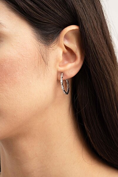 Sümer Telkari 24 Mm Baget Taşlı Tasarım Rodyumlu Gümüş Halka Küpe 7159