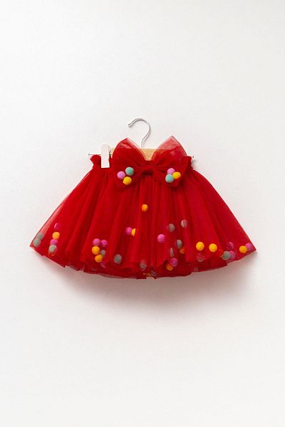 Magu Red Pompom Girl's Tutu Skirt - Lined