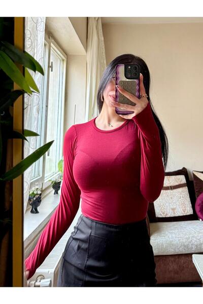 Genel Markalar Kadın Bordo Bisiklet Yaka Parmak Geçmeli Body PREMİUM kumaş kalitesi