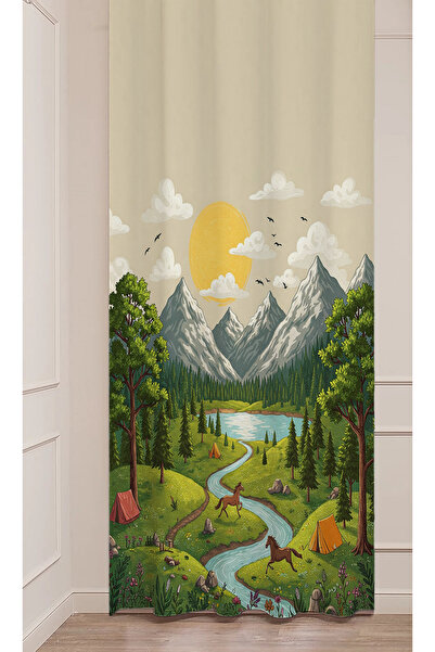 GREENDECOR Bohemian Forest Nature Tree Lake River Mountain Sun Cloud Digital Printed Custom Design (Single Wing) Background Curtain