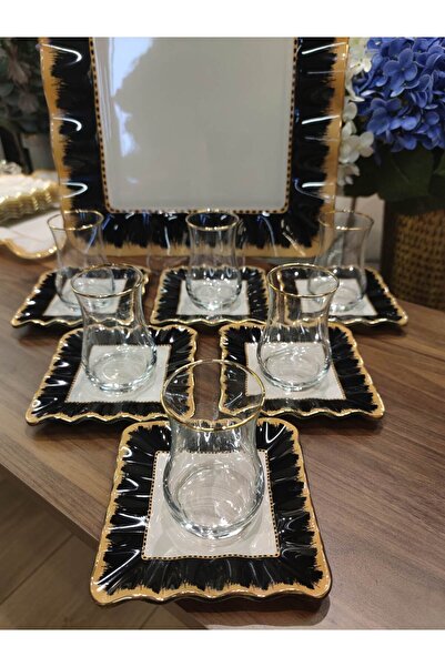 P&ORA PREMIUM KITCHEN PRODUCTS P&Ora New Square Black Plate Tee Set with 13 Pieces Tray