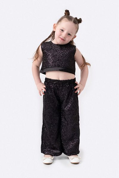 Magu Black Sequined Girl's Bottom-Top Set