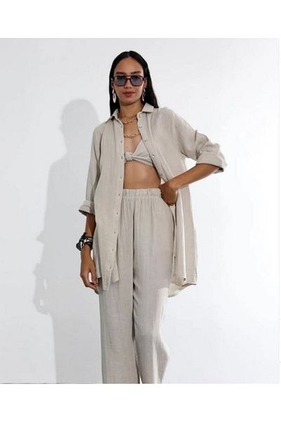 Natavanbutık Shirt Pantalon Crop 3-Piece Linen Set