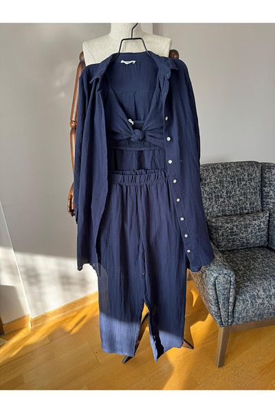 Natavanbutık Shirt Pantalon Crop 3-Piece Linen Set