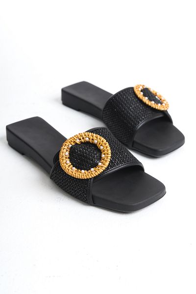 MARSEDO Women's Straw Daily Straw Buckle Detailed Slippers Nature Black