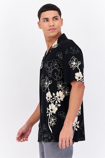 French Connection Men Regular Fit Floral Print Short Sleeve Casual Shirt, Black