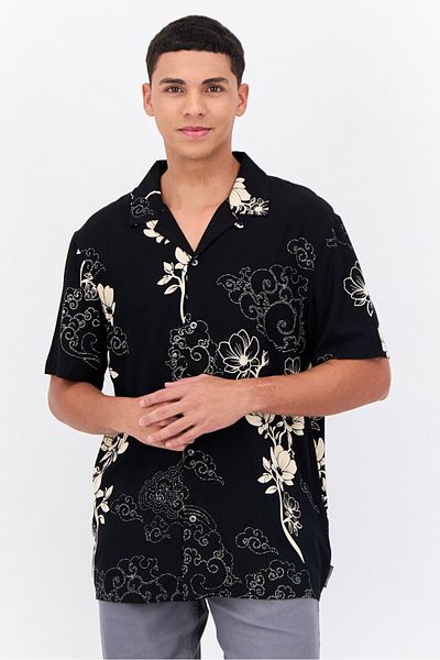 French Connection Men Regular Fit Floral Print Short Sleeve Casual Shirt, Black