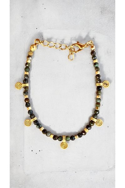 Bensei Takı Dükkanı Bensei̇ Mossy Agate Stone Bracelet with Brass Accessories, Steel Closure