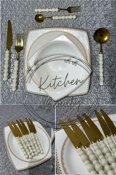 Kitchen Beauty طقم سكاكين ذهبي بتفاصيل حجر اللؤلؤ البلاستيكي الأبيض مكون من 6 قطع |   طقم سكاكين فاخر مكون من 6 قطع