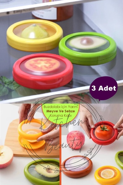 Kitchen Beauty 3 Adet Buzdolabı Için Yarım Meyve Ve Sebze Koruma Kabı Limon S...