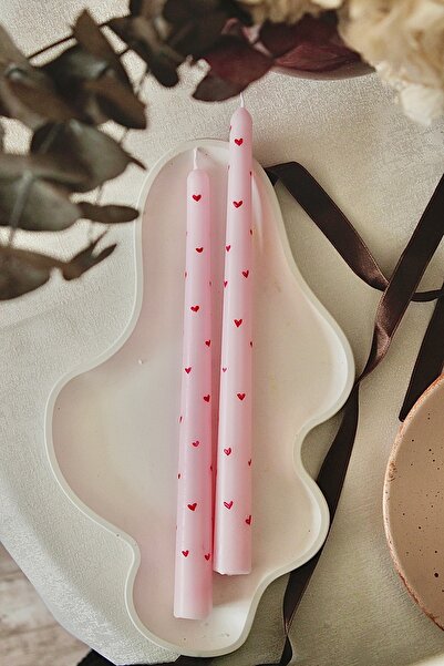 mumbi 2’li Pembe Kırmızı Kalpli El Boyama Soya Wax Şamdan Mum Kokulu Candle
