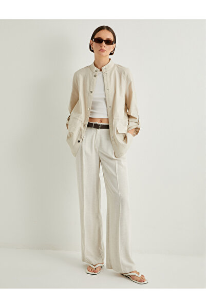Koton Linen Blended Seasonal Jacket - Stand Collar and Folded Sleeves