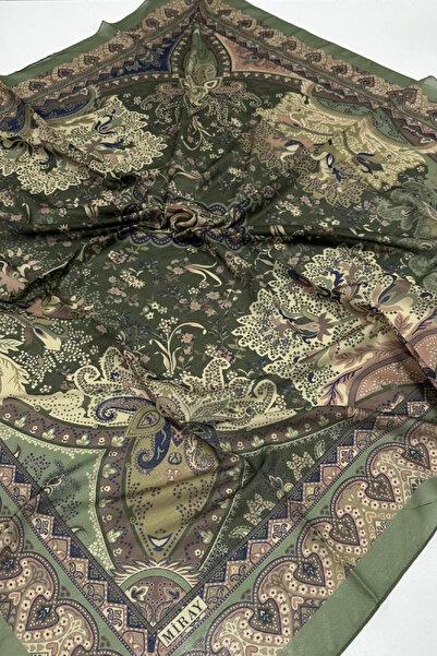 MİRAY 120x120 Etnik Desenli Büyük Boy Eşarp Pamuklu Eşarp Büyük Boy Eşarp Haki