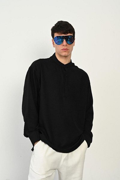 KUN SPORTSWEAR Ленена риза с голям размер - яка тип „мандарина“, половин шев за копчета, ленен материал
