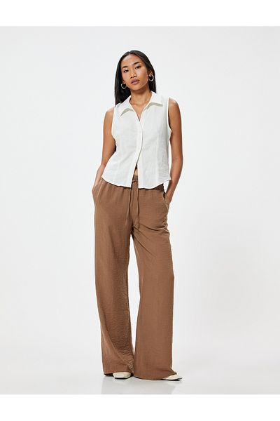 Koton Wide Leg Muslin Trousers with Pockets and Ties - Loose Fit