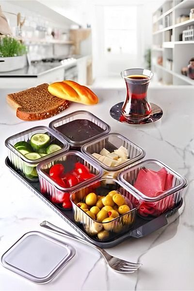 YeslinaCandle Acrylic Breakfast and Storage Set with Presentation Tray, Smoked, Lid 13 Pieces 6 Compartments