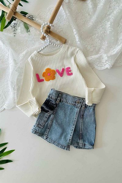 Minigimin Cicileri My Mini's Love Ponch Embroidered Denim Shorts Set for Girls with Skirts - Cream