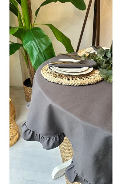 Decamor home Cotton Fabric Smoked Ruffled Round Tablecloth with Worry-Free Water Repellent Feature (Napkin Not Included)